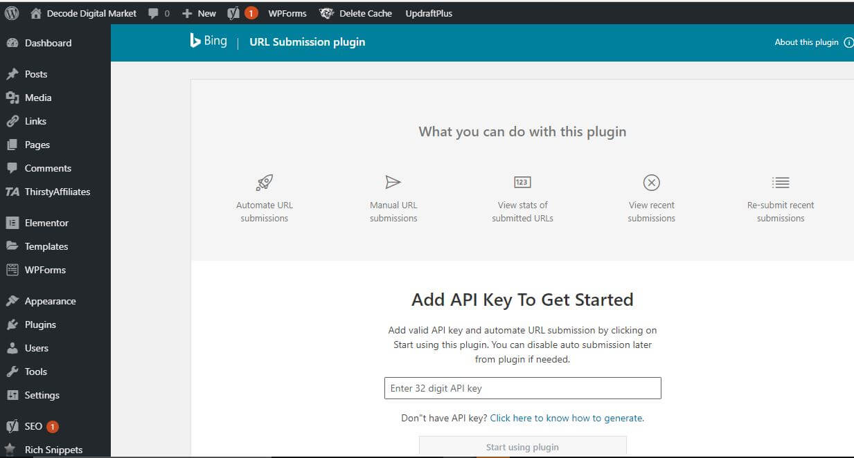 bing webmaster tools add api key