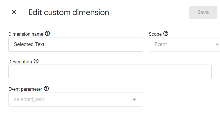 text selection custom dimension